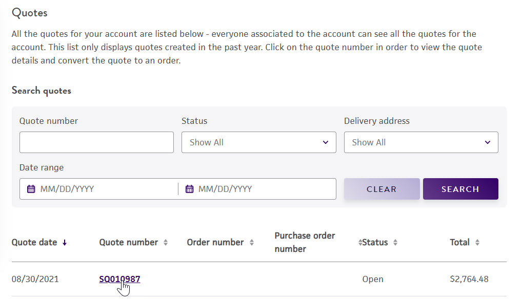 Selecting a quote in the quote detail page