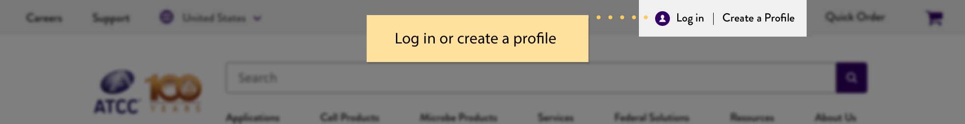 Location of log in and create a profile link
